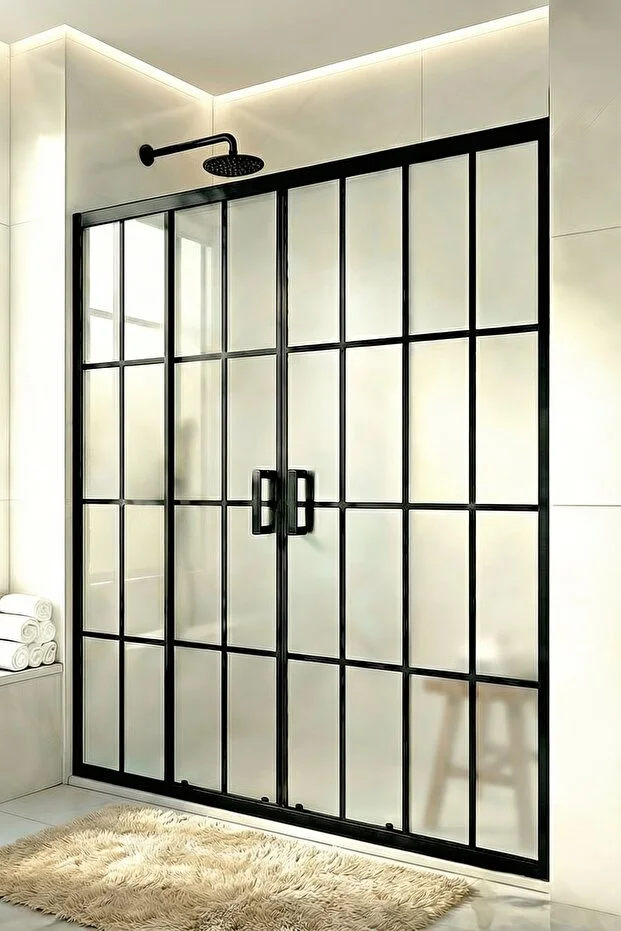 Ön Cephe Siyah Çizgi Karolaj Desenli Komple Buzlu Temperli Duşakabin